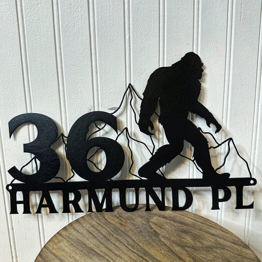 Sasquatch on the Loose Custom Metal Address Sign - Out of Office Outfitters - Die - Cut Sign