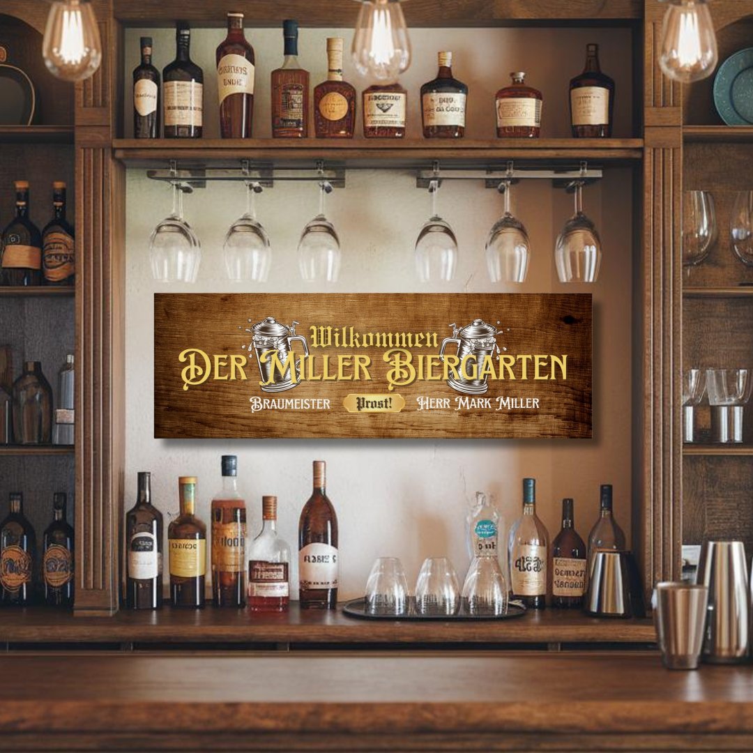 Personalized Gifts For Dad - A Personalized Biergarten Sign Hangs in a bar