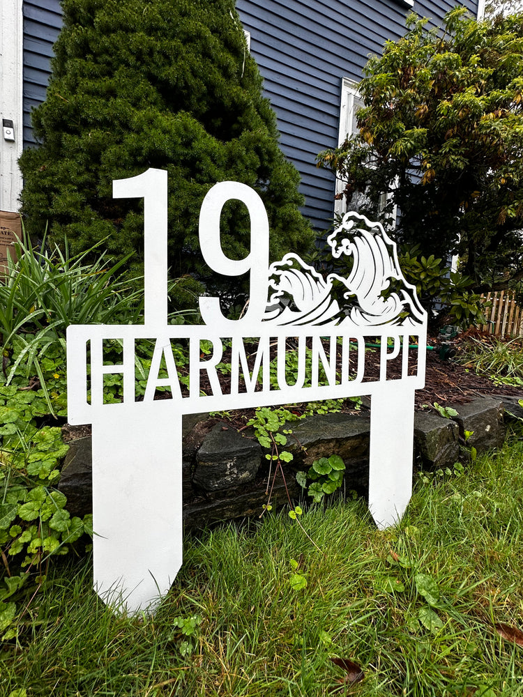 Personalized Metal Address Signs for the Yard - Address sign with wave design sits in ground in a front yard