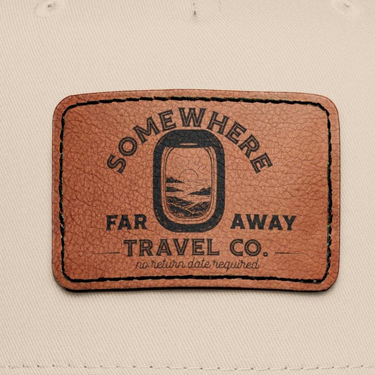 Hat patch with. "Somewhere Far Away Travel Co." 