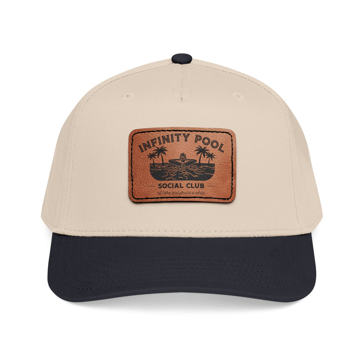 Beige and green cap with a brown leather patch displaying 'Infinity Pool Social Club"