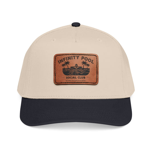 Beige and green cap with a brown leather patch displaying 'Infinity Pool Social Club"