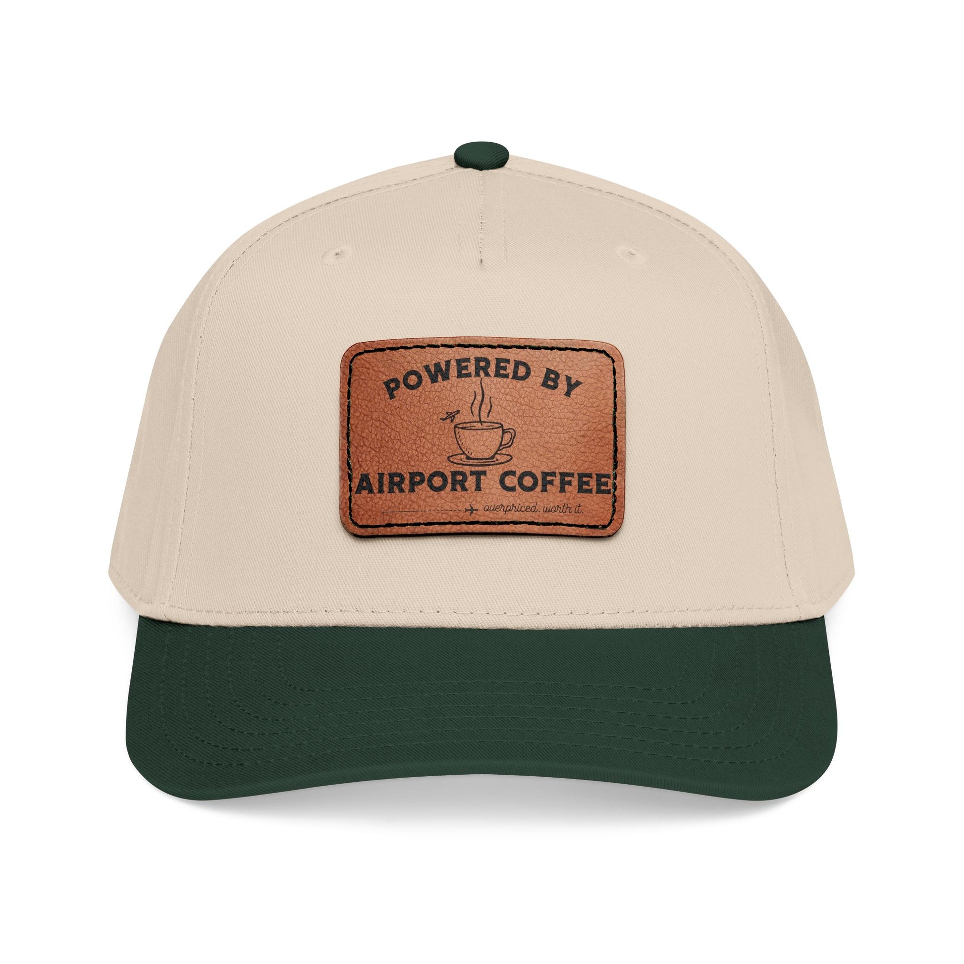 'Powered by Airport Coffee" Beige hat with green rim and brown leather patch
