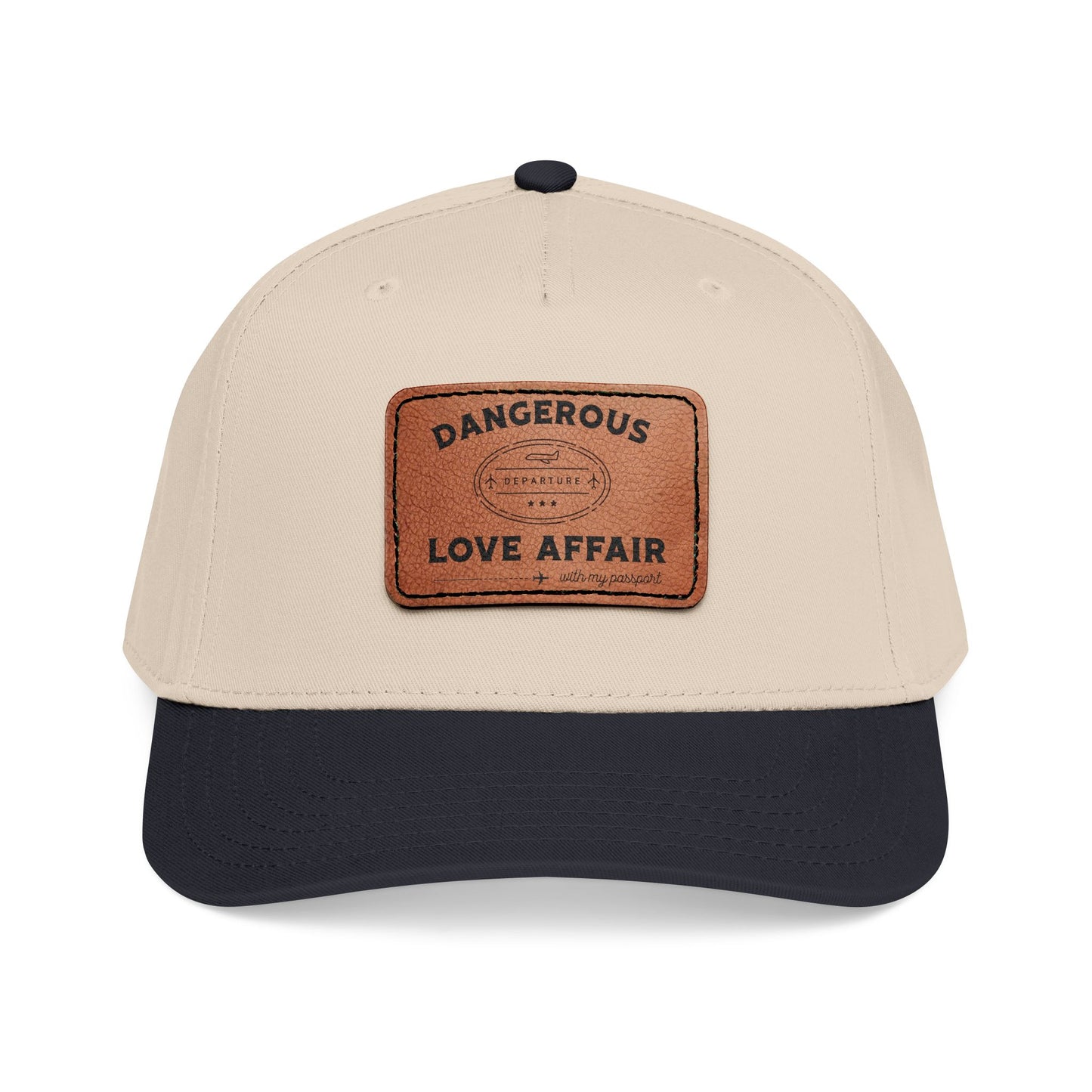 Beige and black cap with a brown leather patch displaying 'Dangerous Love Affair (with my passport)' on a white background