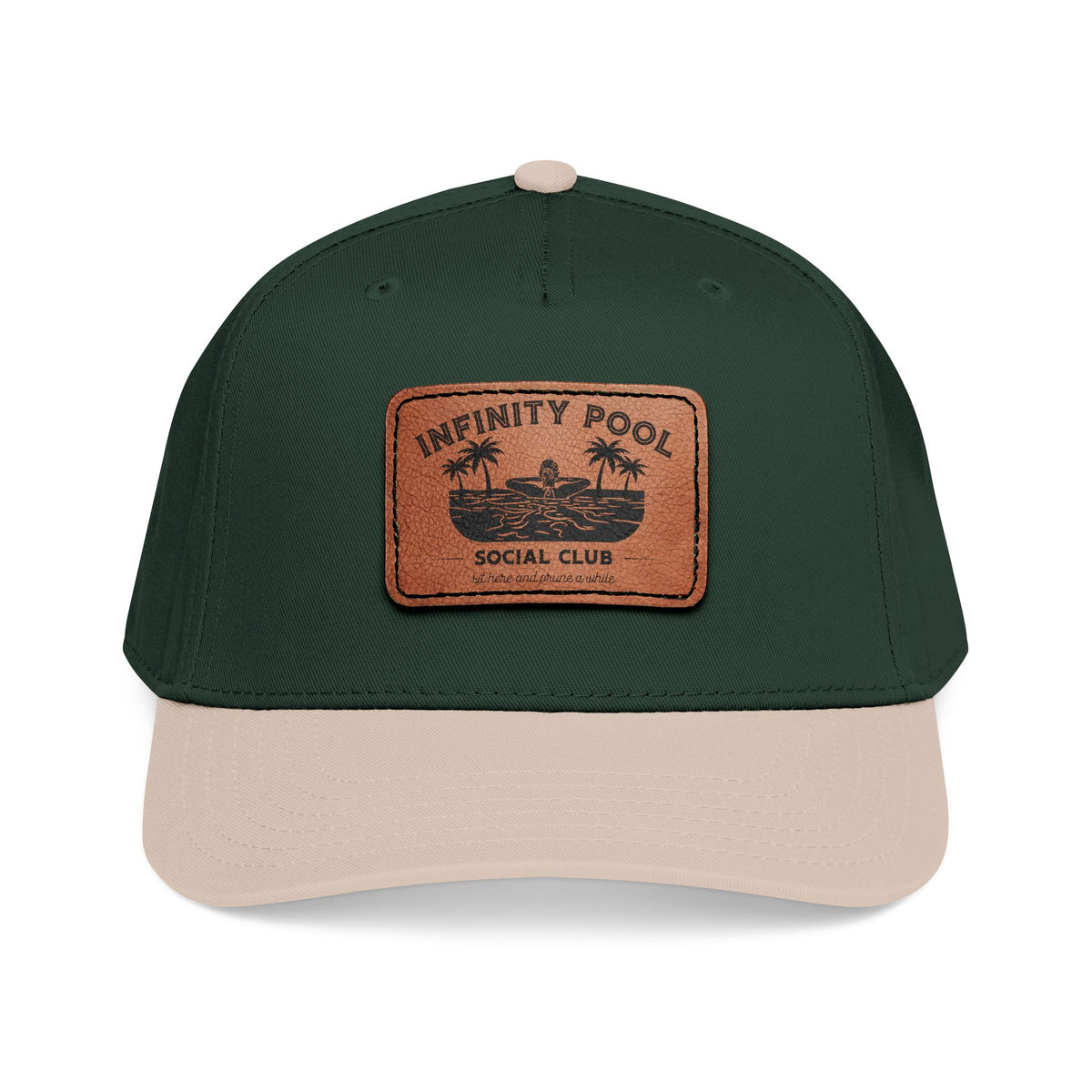 Green and beige cap with a brown leather patch featuring 'Infinity Pool Social Club'