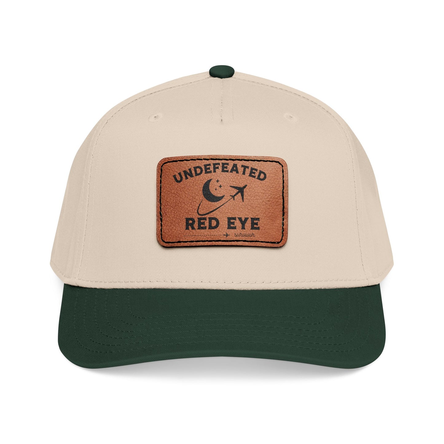 Beige and green cap with a brown patch featuring 'Undefeated Red Eye Survivor"