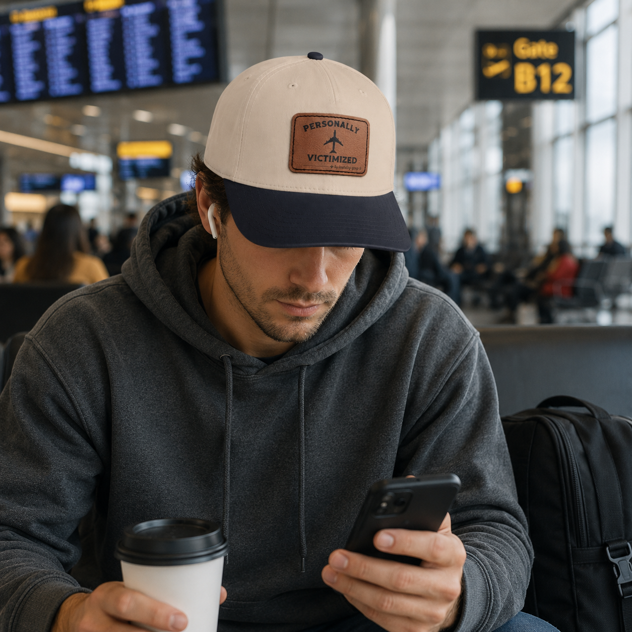 A man in a gray hoodie sits in an airport terminal wearing a beige and navy blue trucker hat with a brown leather patch that reads 'PERSONALLY VICTIMIZED'. He is looking down at a smartphone in his hand while holding a takeaway coffee cup in the other.