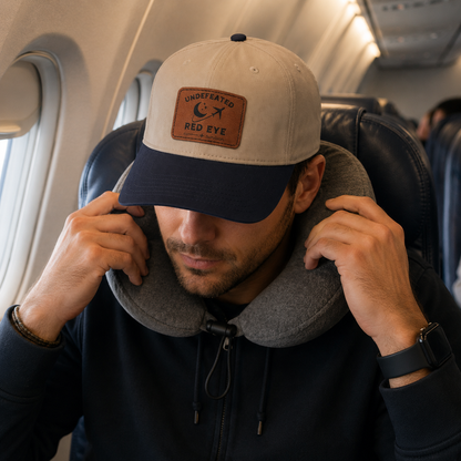 A man wearing a beige and black Undefeated Red Eye trucker hat, a gray neck pillow, and a black hoodie sits on an airplane seat near a window.