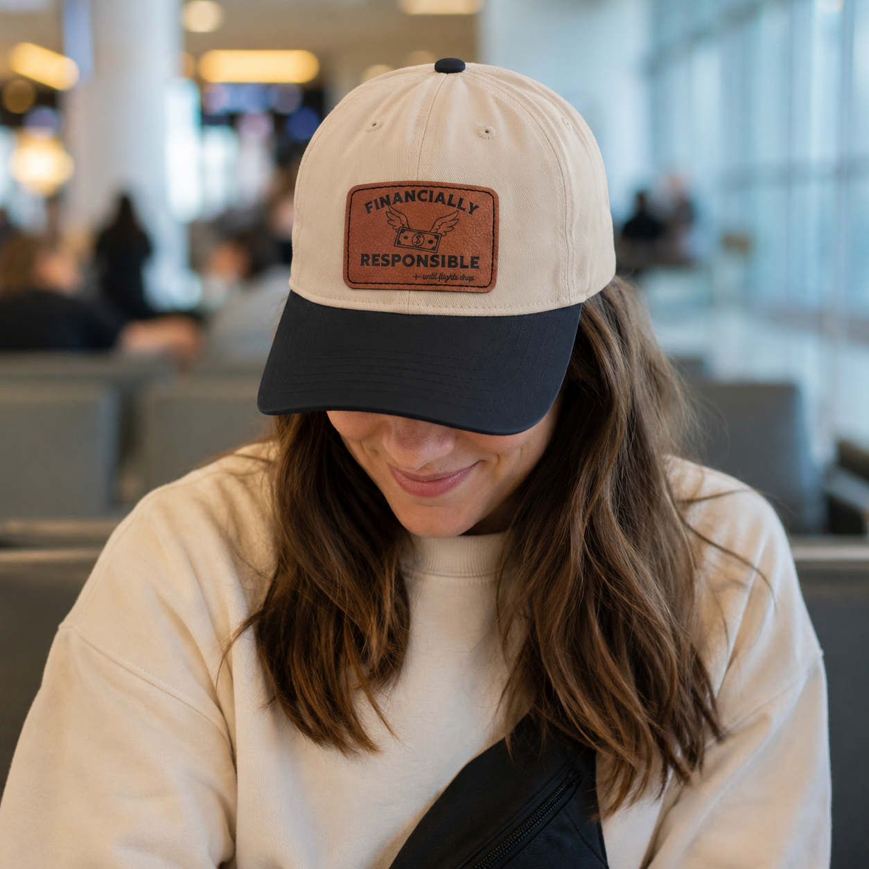A woman wearing a cream and navy baseball cap with a brown leather patch that reads 'FINANCALLY RESPONSIBLE (until flights drop)'