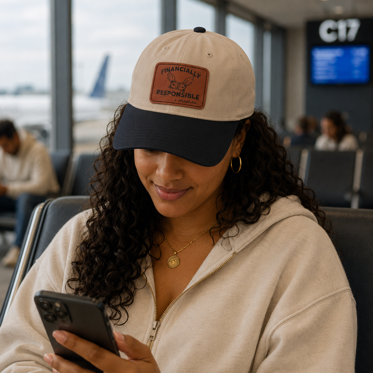 A woman in a beige zip-up hoodie sits in an airport lounge, looking down at a black smartphone while wearing a beige and black baseball cap with a brown leather patch that reads 'FINANCALLY RESPONSIBLE (until flights drop)'