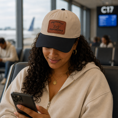 A woman in a beige zip-up hoodie sits in an airport lounge, looking down at a black smartphone while wearing a beige and black baseball cap with a brown leather patch that reads 'FINANCALLY RESPONSIBLE (until flights drop)'