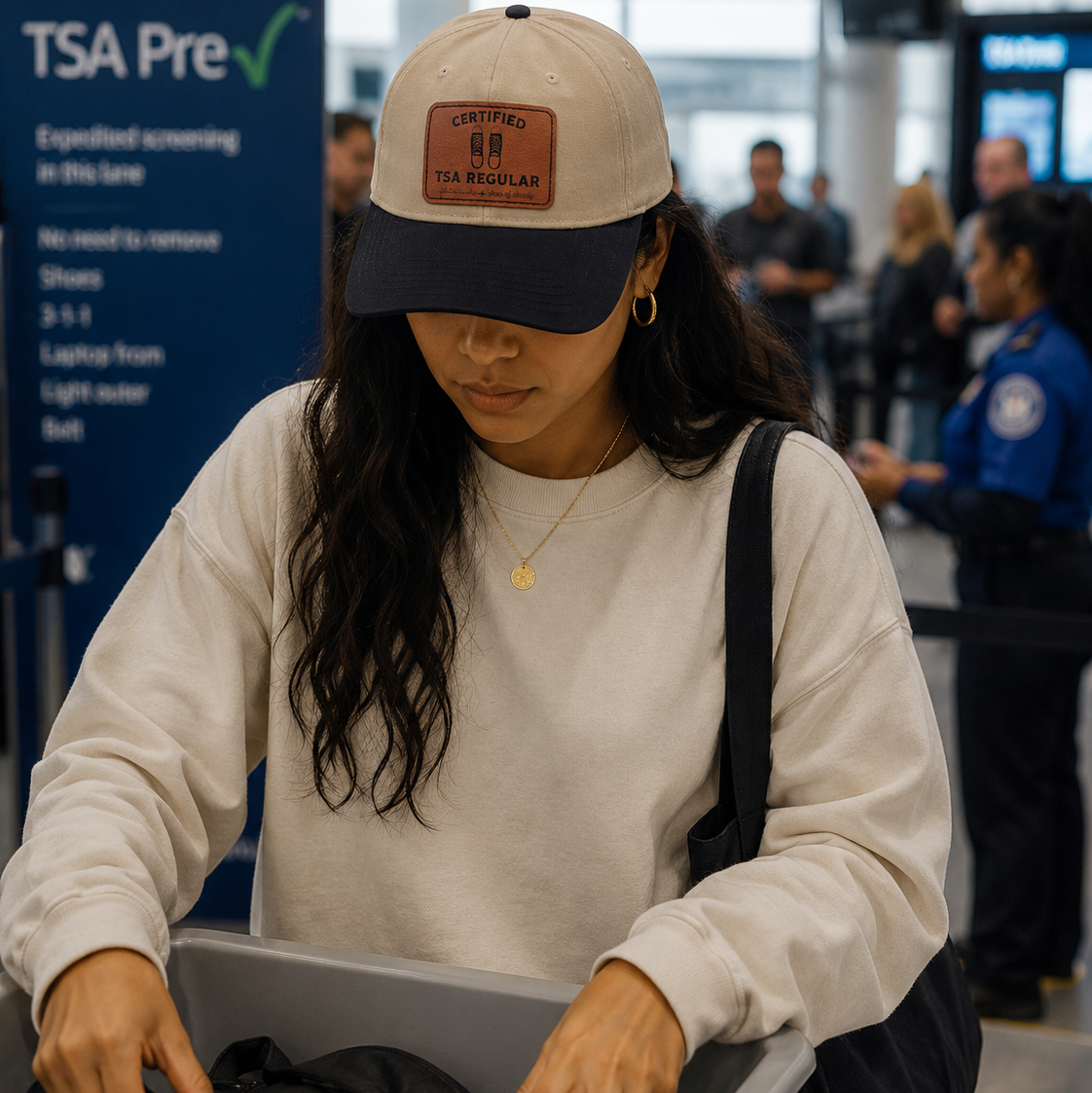 A woman at an airport security checkpoint wearing a beige and navy blue trucker hat with a brown "Certified TSA regular (shoes off already)" patch. She is seen looking down into a tray with clothing, with TSA Pre signage visible in the background.