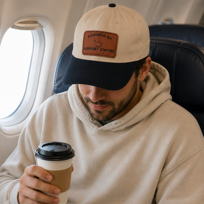 A man sitting on an airplane window seat wearing a cream and navy blue trucker hat with a brown leather patch that reads 'Powered by Airport Coffee (overpriced. worth it.)'  He is holding a paper coffee cup.