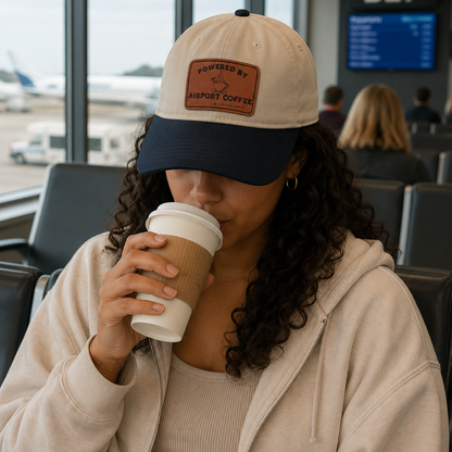 A woman sitting in an airport lounge holds a paper coffee cup near her face, wearing a beige and navy baseball cap with a brown patch that reads 'Powered by Airport Coffee (overpriced. worth it.)' 