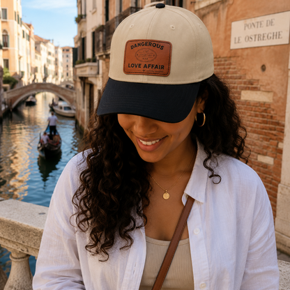 A woman wearing a beige and navy blue baseball cap with a brown leather patch that reads 'DANGEROUS LOVE AFFAIR (with my passport)' stands by a canal in Venice, with a gondola and historic buildings in the background.