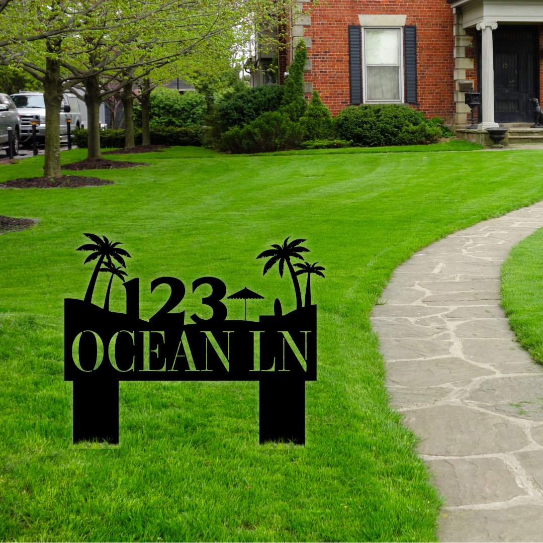 Beach Scene Ground Address Sign - Out of Office Outfitters - Die - Cut Sign