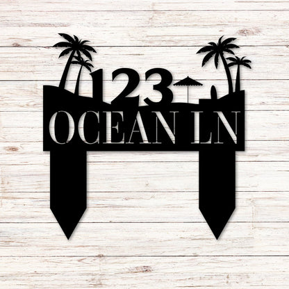 Beach Scene Ground Address Sign - Out of Office Outfitters - Die - Cut Sign