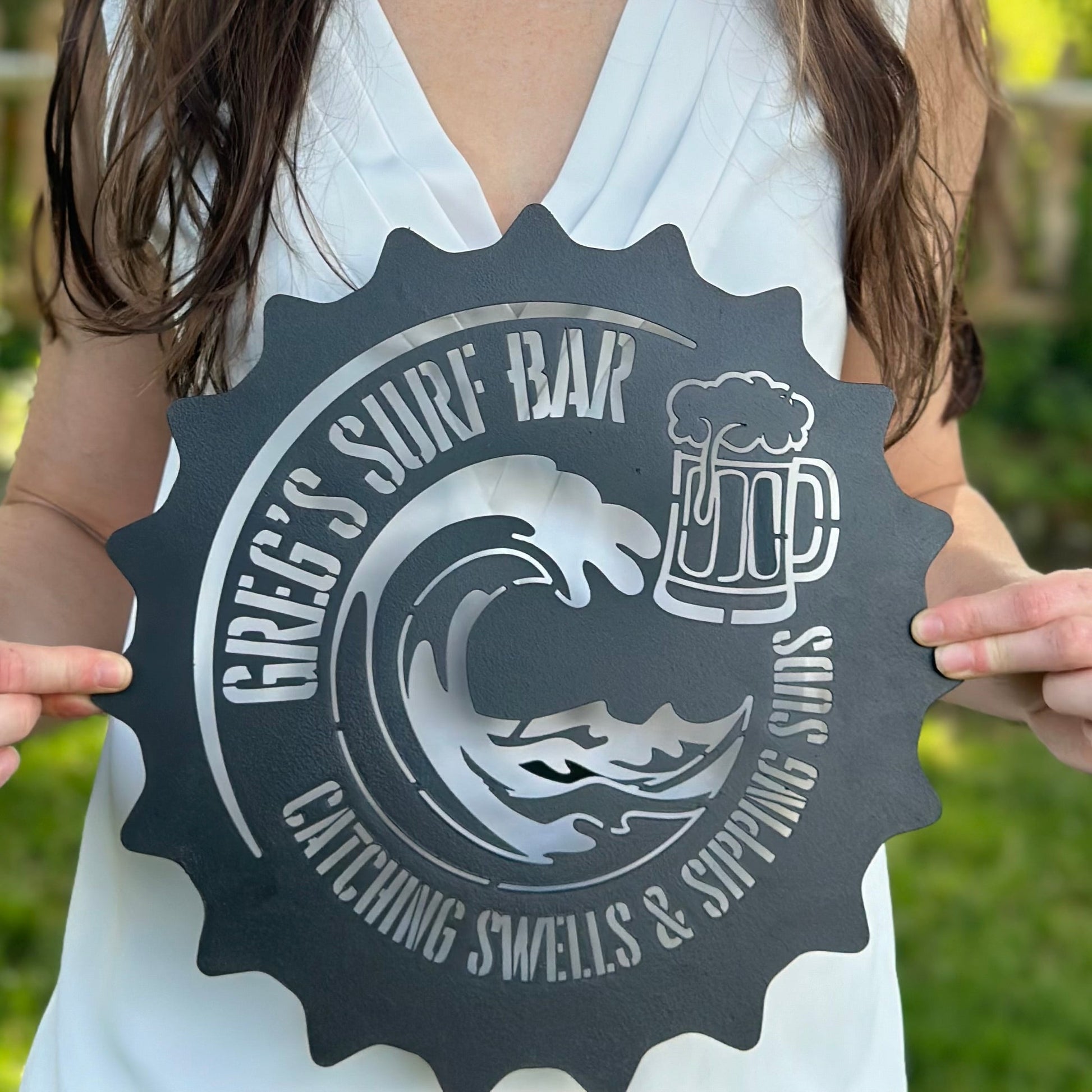 Catching Swells & Sipping Suds Metal Sign (Personalize Me!) - Out of Office Outfitters - Die - Cut Sign