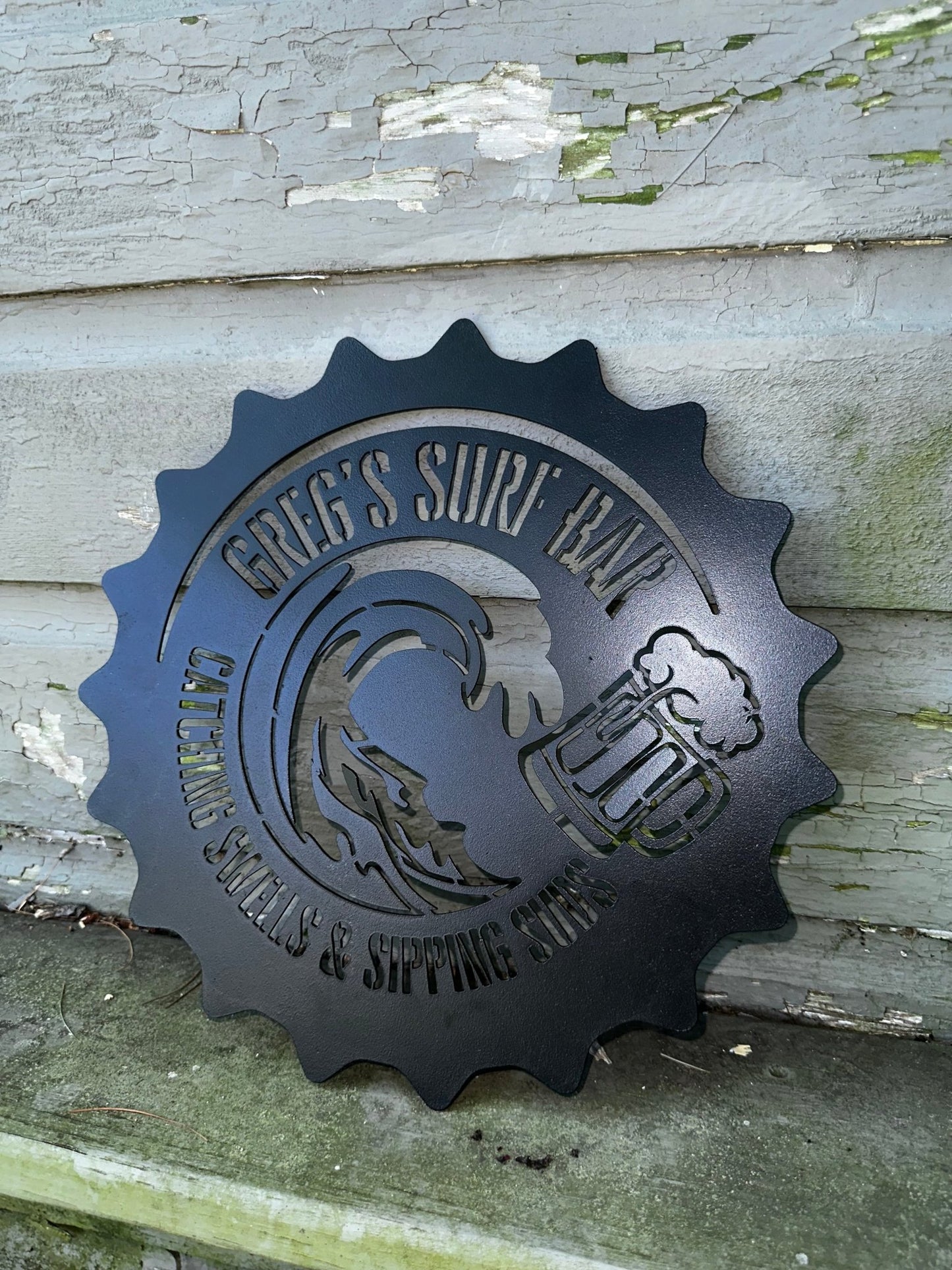 Catching Swells & Sipping Suds Metal Sign (Personalize Me!) - Out of Office Outfitters - Die - Cut Sign