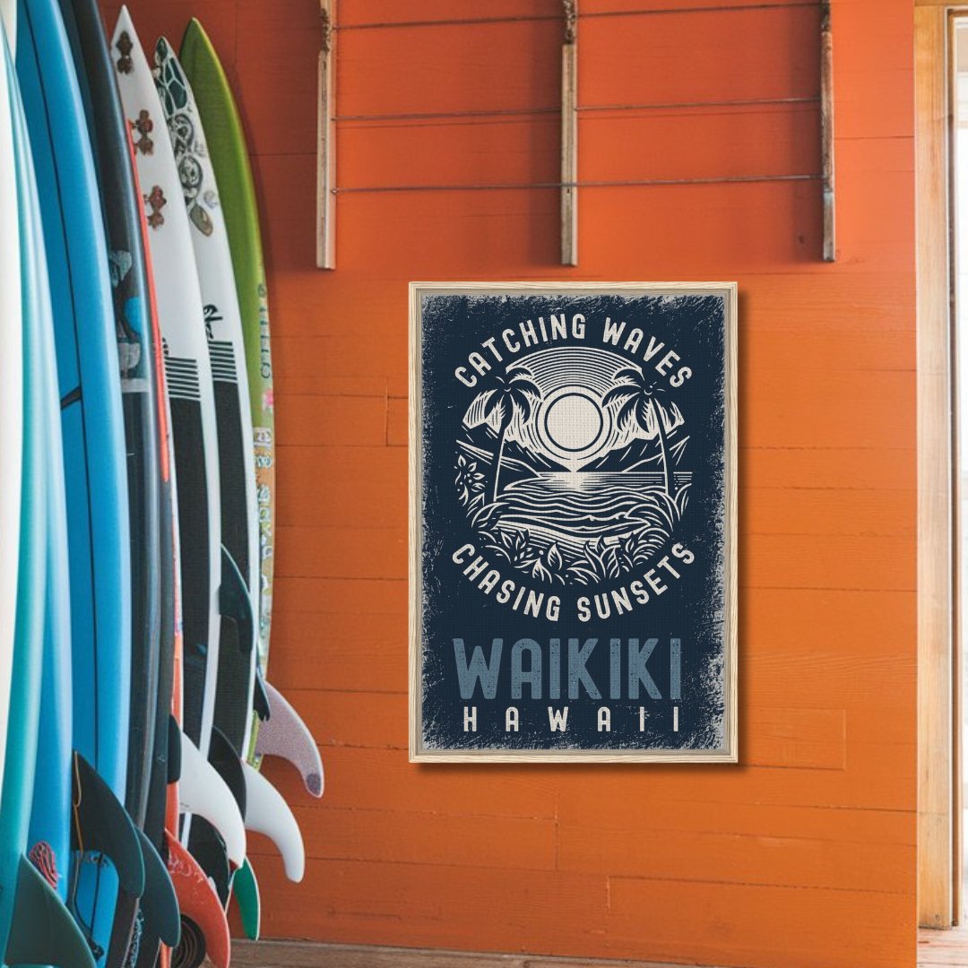 Catching Waves, Chasing Sunsets Framed Canvas - Out of Office Outfitters - Print Material