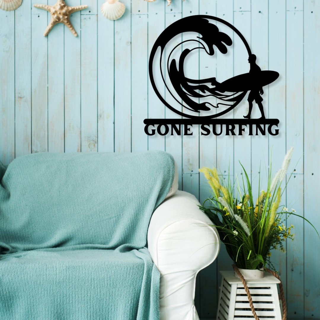 Gone Surfing Metal Sign (Personalize Me!) - Out of Office Outfitters - Die - Cut Sign