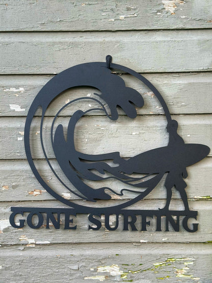 Gone Surfing Metal Sign (Personalize Me!) - Out of Office Outfitters - Die - Cut Sign