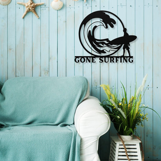 Gone Surfing | Surfer Vibes Metal Sign (Personalize Me!) - Out of Office Outfitters -Die-Cut Sign