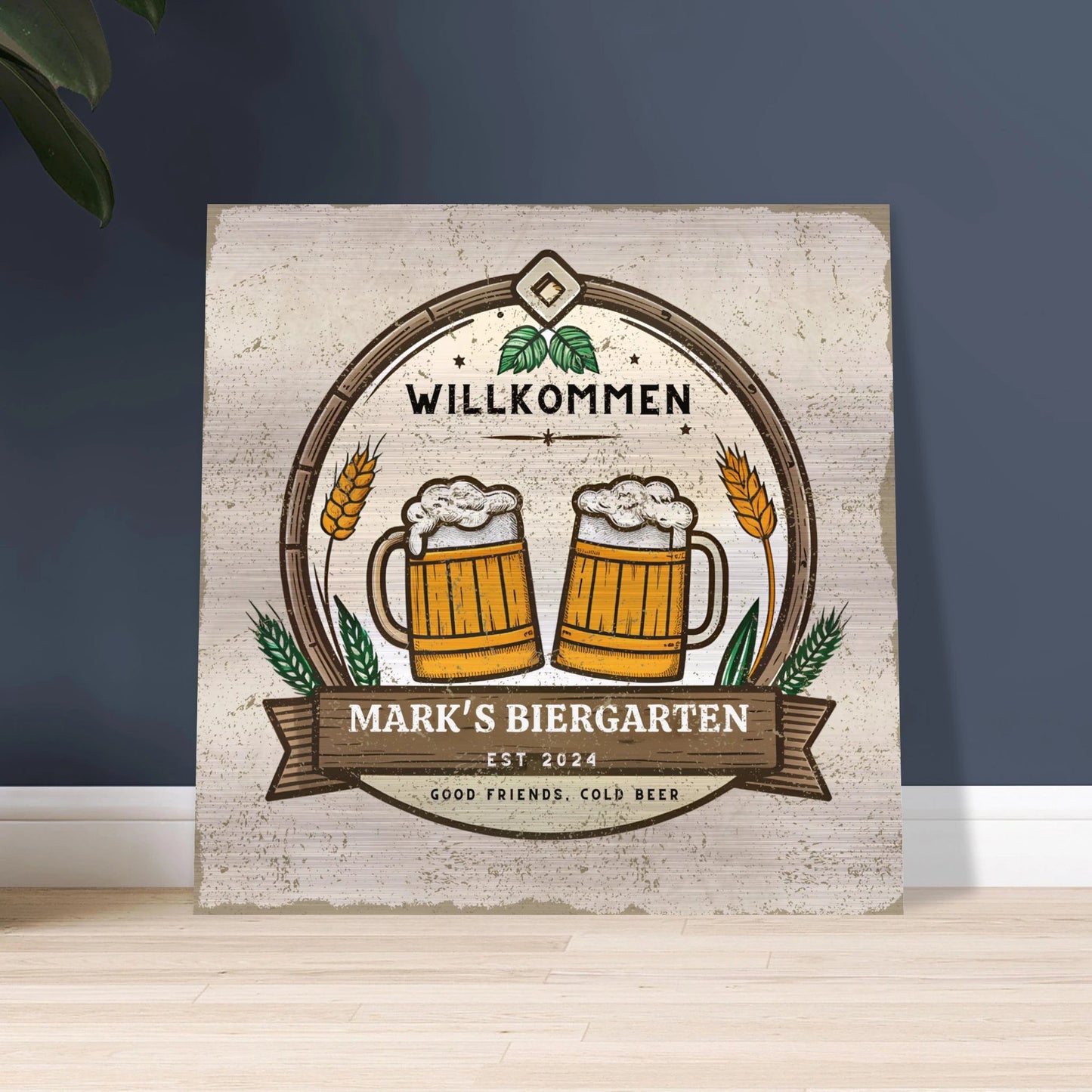 Good Friends, Cold Beer Biergarten Brushed Aluminum Bar Sign - Out of Office Outfitters - Print Material
