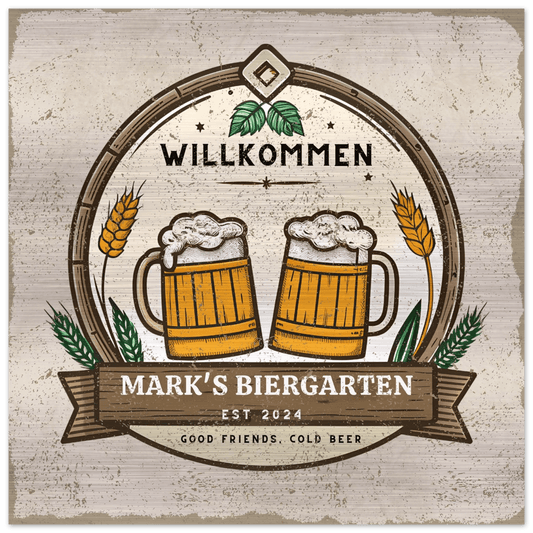 Good Friends, Cold Beer Biergarten Brushed Aluminum Bar Sign - Out of Office Outfitters - Print Material