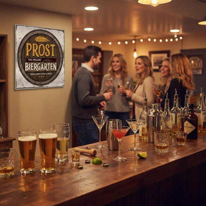 Grab a Beer and Stay a While Biergarten Brushed Aluminum Bar Sign - Out of Office Outfitters - Print Material