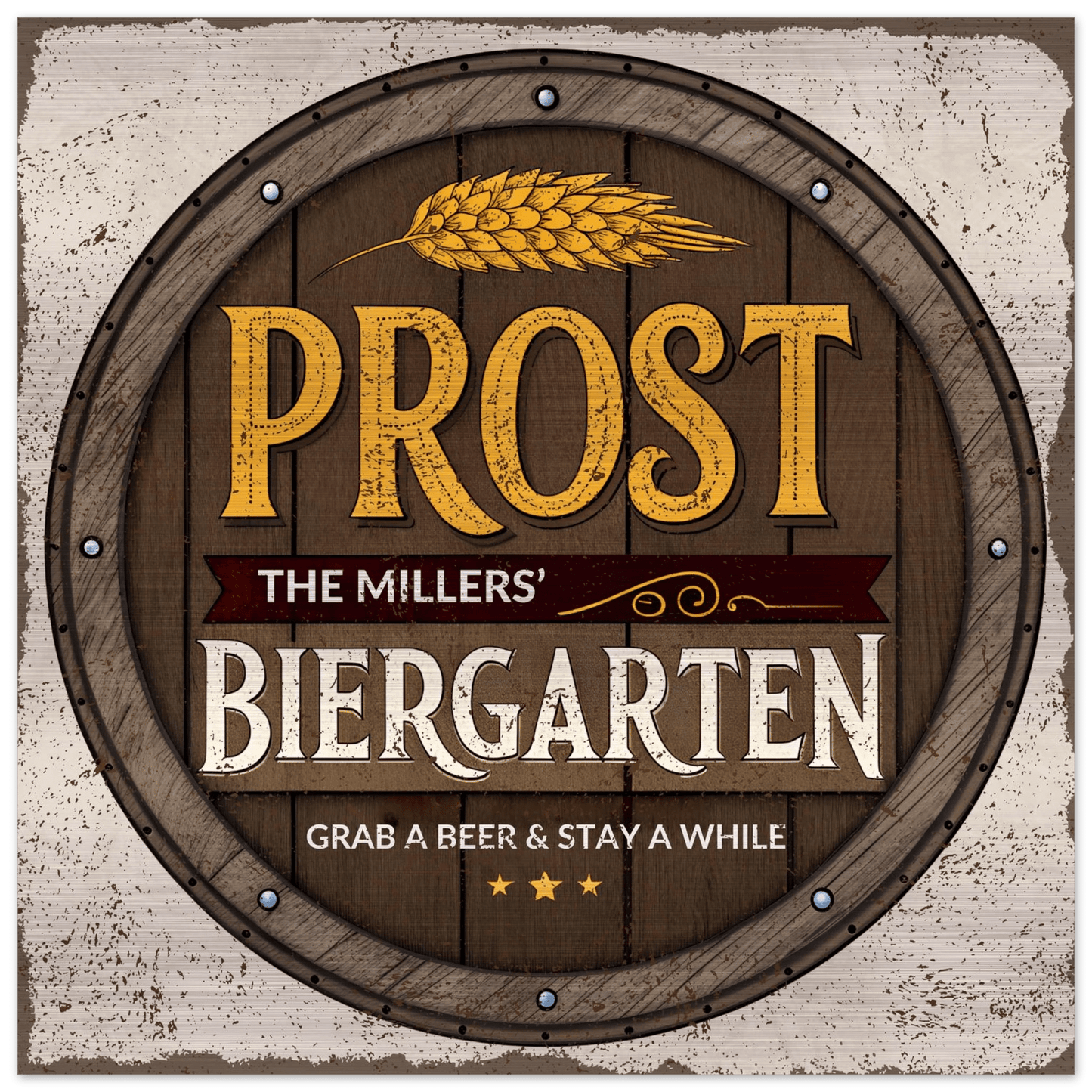 Grab a Beer and Stay a While Biergarten Brushed Aluminum Bar Sign - Out of Office Outfitters - Print Material