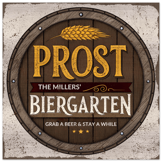 Grab a Beer and Stay a While Biergarten Brushed Aluminum Bar Sign - Out of Office Outfitters - Print Material