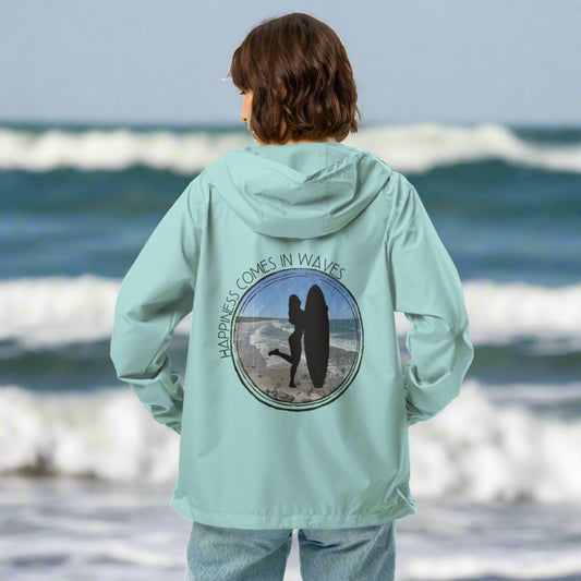 Happiness Comes in Waves | Surfing Themed Unisex Lightweight Windbreaker Jacket - Out of Office Outfitters -