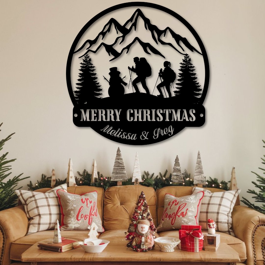 Hiking in a Winter Wonderland Metal Christmas Card Display - Out of Office Outfitters - Die - Cut Sign