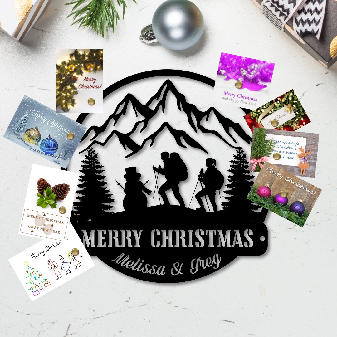 Hiking in a Winter Wonderland Metal Christmas Card Display - Out of Office Outfitters - Die - Cut Sign