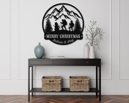 Hiking in a Winter Wonderland Metal Christmas Card Display - Out of Office Outfitters - Die - Cut Sign