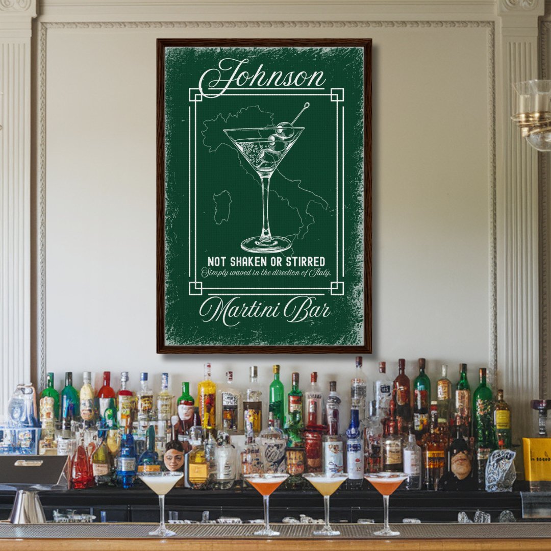 Martini Bar Waved in the Direction of Italy Framed Canvas - Out of Office Outfitters - Print Material