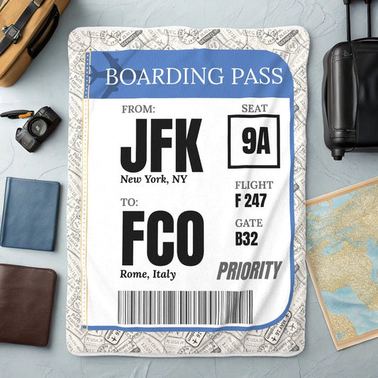 Personalized Boarding Pass Blanket - Warm Sherpa Travel Throw - Out of Office Outfitters - Home Decor