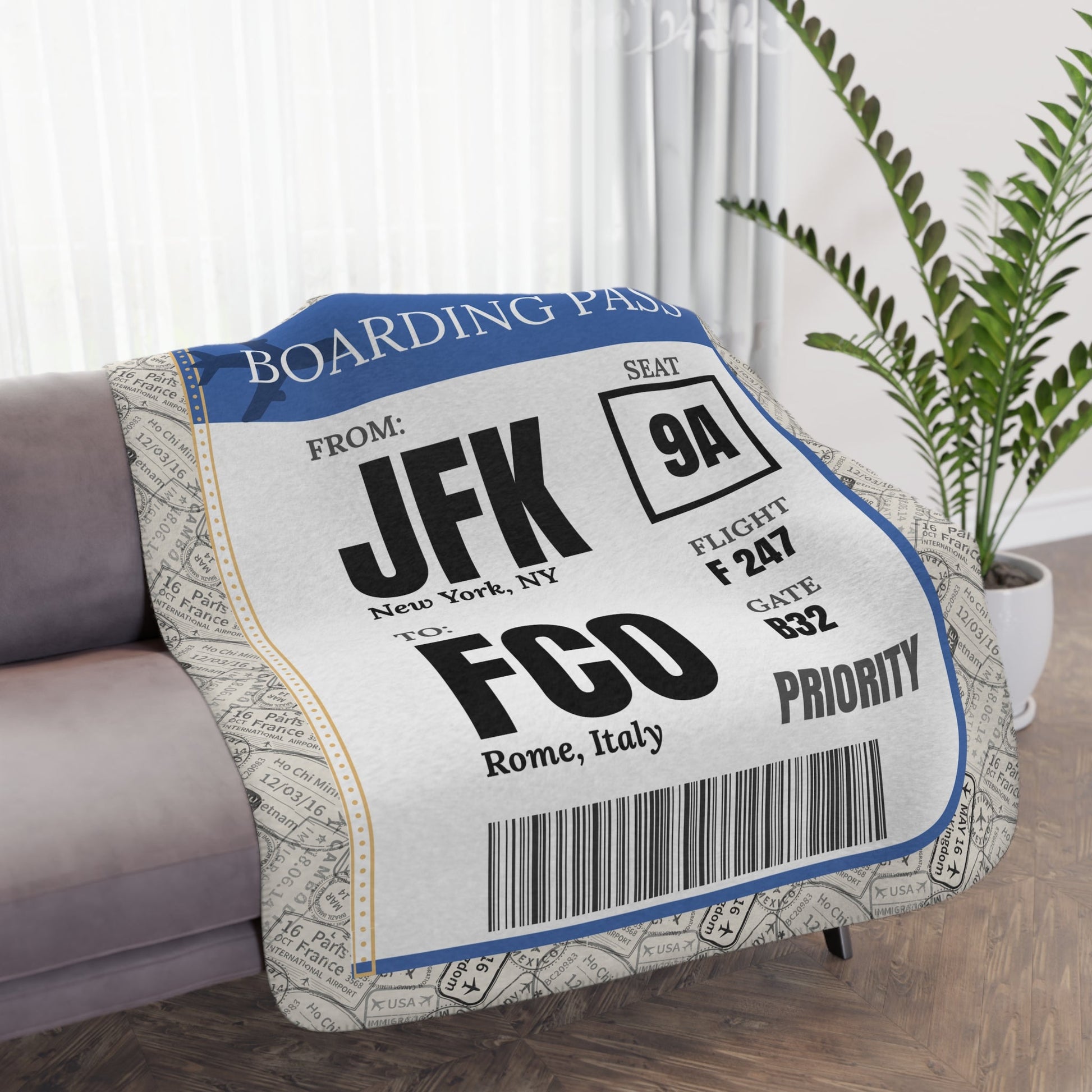 Personalized Boarding Pass Blanket - Warm Sherpa Travel Throw - Out of Office Outfitters - Home Decor