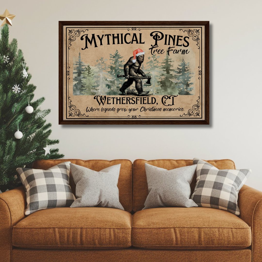 Sasquatch Christmas Tree Farm Sign Framed Canvas - Out of Office Outfitters - Print Material