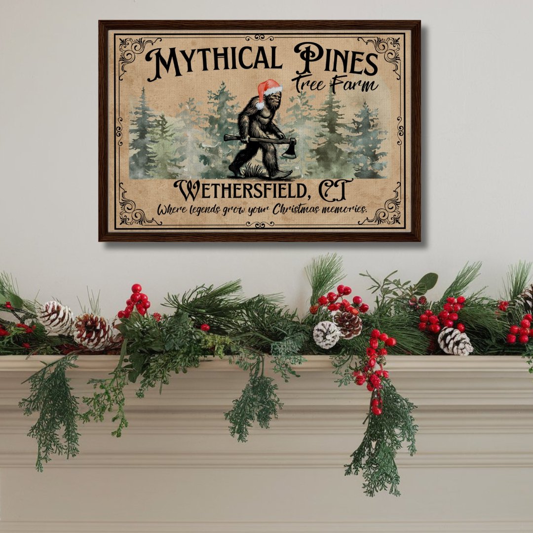 Sasquatch Christmas Tree Farm Sign Framed Canvas - Out of Office Outfitters - Print Material