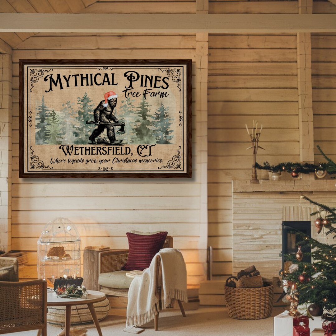 Sasquatch Christmas Tree Farm Sign Framed Canvas - Out of Office Outfitters - Print Material