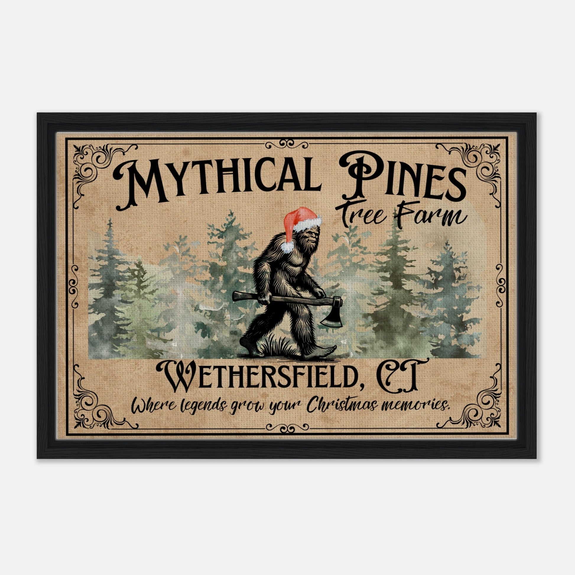 Sasquatch Christmas Tree Farm Sign Framed Canvas - Out of Office Outfitters - Print Material