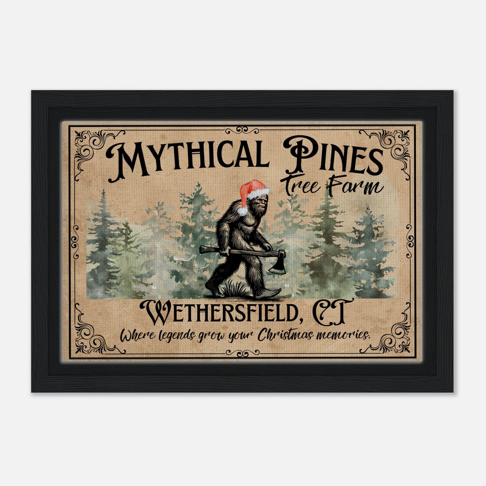 Sasquatch Christmas Tree Farm Sign Framed Canvas - Out of Office Outfitters - Print Material