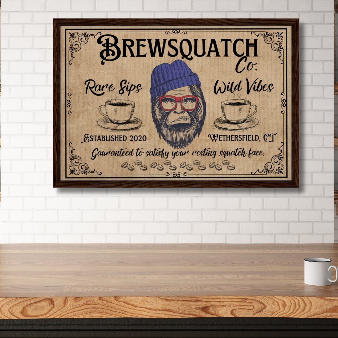 Sasquatch Coffee Shop Sign Framed Canvas - Out of Office Outfitters - Print Material