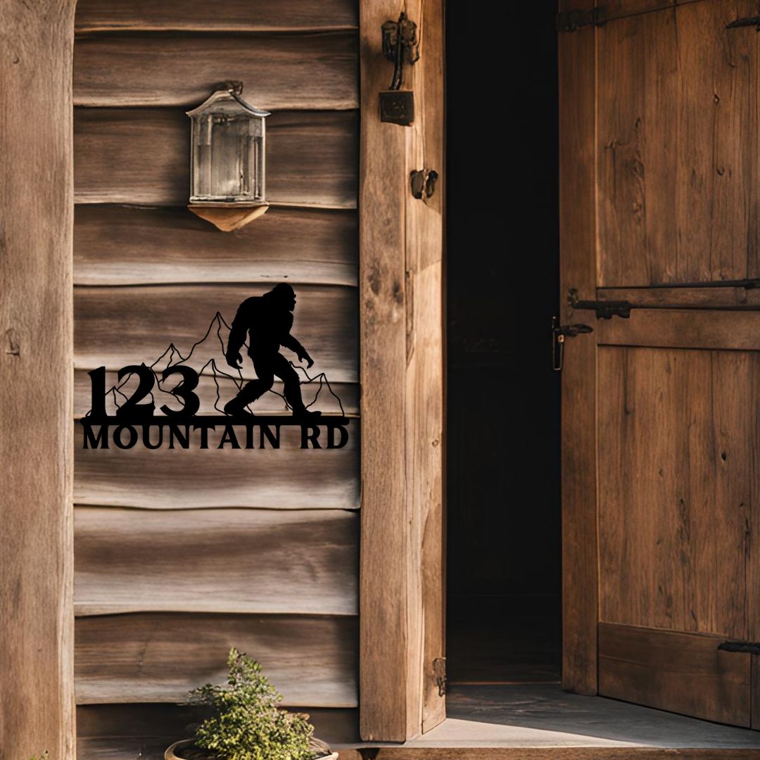 Sasquatch on the Loose Custom Metal Address Sign - Out of Office Outfitters - Die - Cut Sign