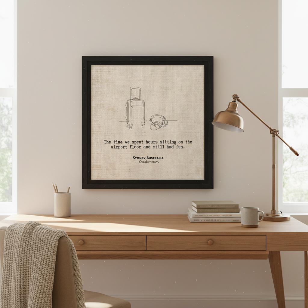"Sitting on the Airport Floor" - Personalized Travel Micro Memory Framed Canvas - Out of Office Outfitters - Print Material
