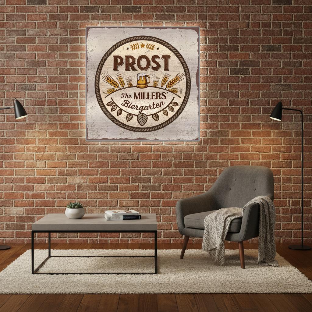 Stein and Wheat Biergarten Brushed Aluminum Bar Sign - Out of Office Outfitters - Print Material