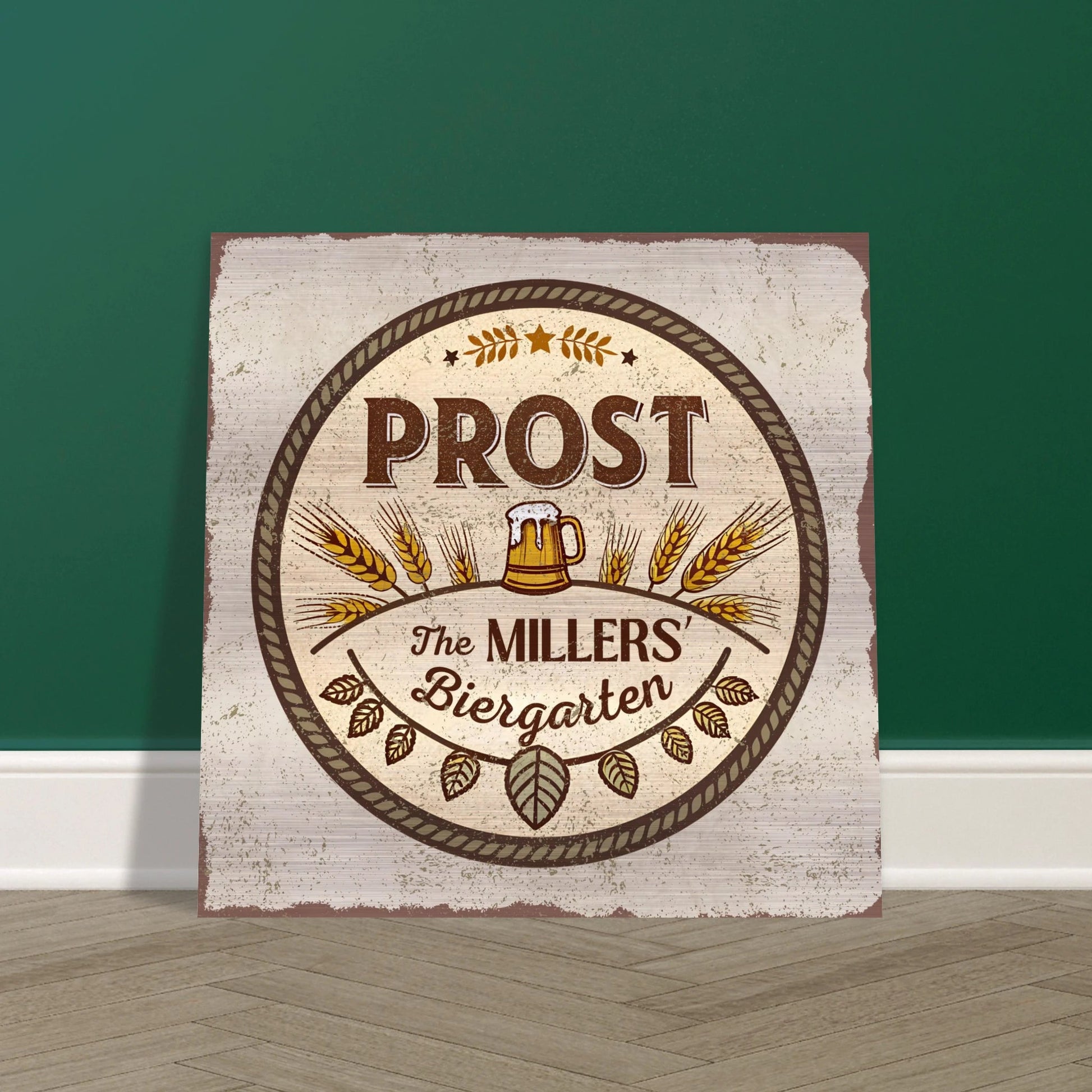 Stein and Wheat Biergarten Brushed Aluminum Bar Sign - Out of Office Outfitters - Print Material