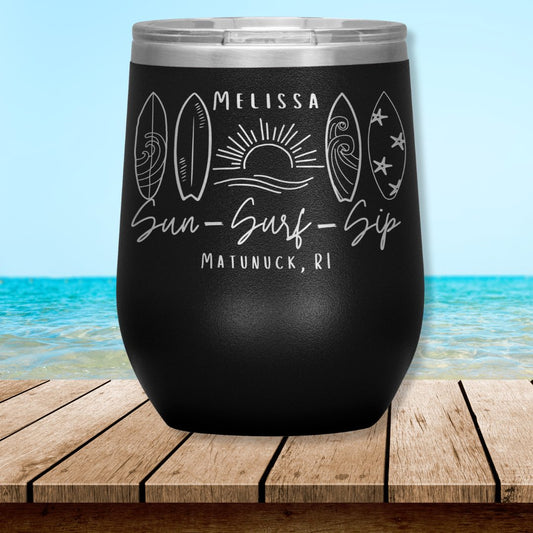 Sun, Surf, Sip | Surfer Vibes 12 oz Wine Insulated Tumbler (Personalize Me!) - Out of Office Outfitters -Tumblers
